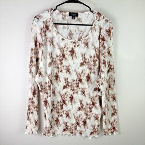 Tahari ASL Tie Dye Ribbed Knit Top 1X Brown Ivory Long Sleeve Stretch Blouse